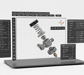 Engineering designer design 3D CAD software program Industrial engine model mechanical dimensional digital manufacturing factory engineer computer screen. 3d rendering of generic pressure regulator.