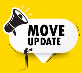 A speech bubble with the words 'Move Update' and a megaphone on a yellow background
